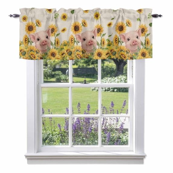 Sunflowers Pig Valance Curtain Vintage Country Pig Floral Linen Texture Window Valances Rod Pocket Short Curtains Window Treatments for Kitchen Bedroom Bathroom Laundry 60" x 18"