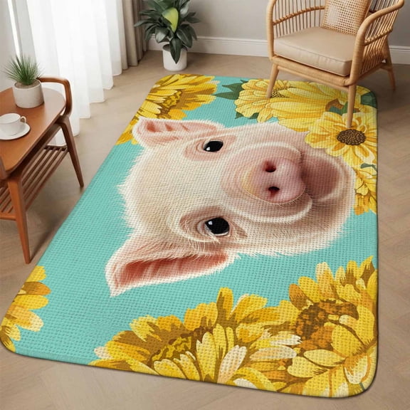 Sunflowers Pig Washable Area Rugs for Living Room Bedroom, Large Non Slip Indoor Floor Carpet Absorbent Low Pile Farmhouse Pastoral Cute Piggy Floral Door Mat Rugs for Bathroom Entryway 63"x78.7"