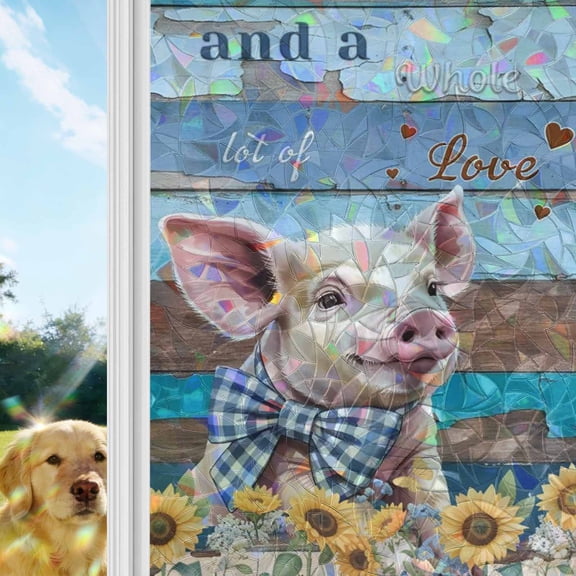 Sunflowers Pig Window Privacy Film Stain Glass,Reusable Decorative Rainbow Window Film,Farmhouse Pastoral Wooden Plank Flowers Static Cling Sun Blocking Stickers Decals Covers 17.7" x 39.3" (2pcs)