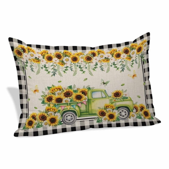 Sunflowers Pillow Covers, Linen Long Throw Pillow Case, Spring Farmhouse Vintage Truck Leaf Black Plaid Holiday Pillow Protector Decorative Cushion Cover for Living Room/Bedroom 20" x 26"