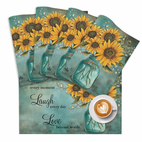 Sunflowers Placemats Set of 1 Laugh Live Love Retro Turquoise Background Place Mats Washable Table Mats for Party Kitchen Dining Decoration, 13 X 19 Inch