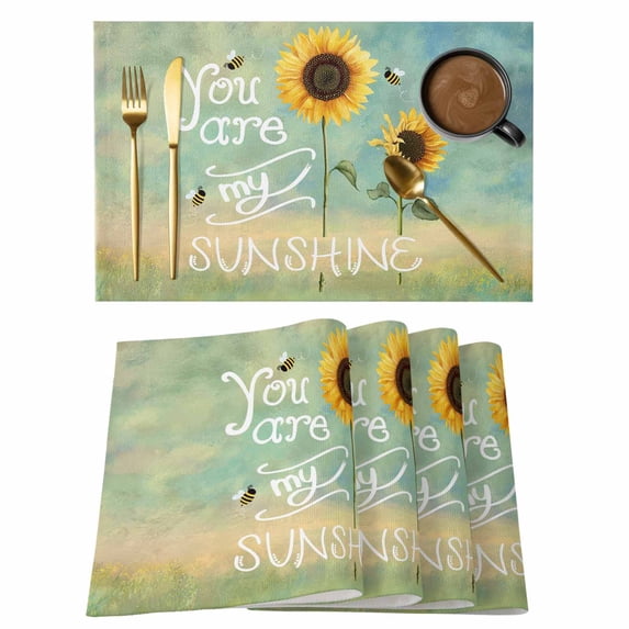 Sunflowers Placemats Set of 12 Modern Bee You Are My Sunshine Green Place Mats Indoor Wipeable Table Mats Washable Cloth Dining Table Placemats for Kitchen Holiday Party Home Decor 13x19 Inch