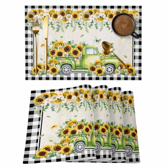 Sunflowers Placemats Set of 12, Spring Farmhouse Country Truck Leaf Black Plaid Placemats for Dining Table, Place Mats for Kitchen Tabletop, Waterproof Wipeable Dining Table Mats Set