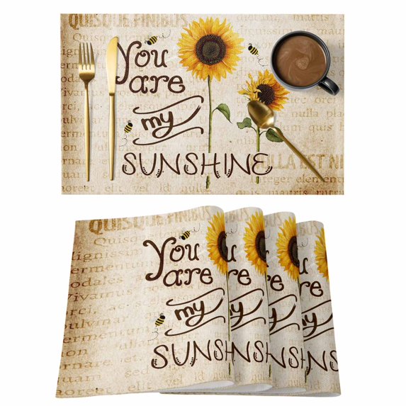 Sunflowers Placemats Set of 12, Vintage Bee You Are My Sunshine Beige Placemats for Dining Table, Place Mats for Kitchen Tabletop, Waterproof Wipeable Dining Table Mats Set