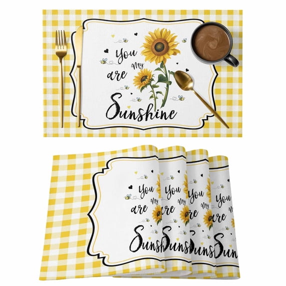 Sunflowers Placemats Set of 12, Yellow Floral Botanical Checkered Farmhouse Placemats for Dining Table, Place Mats for Kitchen Tabletop, Waterproof Wipeable Dining Table Mats Set