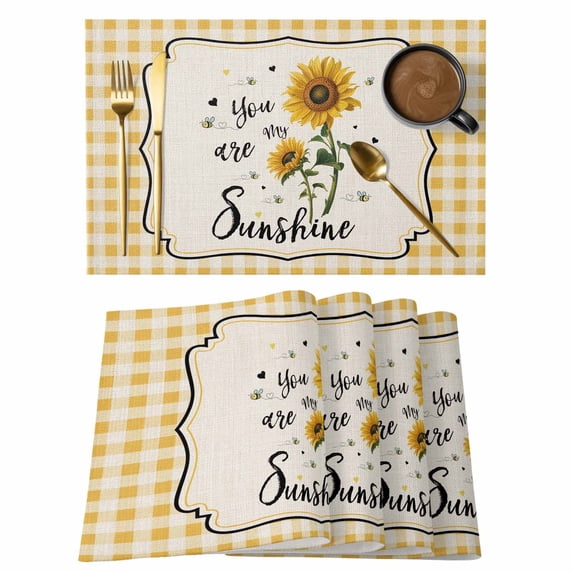 Sunflowers Placemats Set of 12, Yellow Floral Botanical Checkered Rustic Placemats for Dining Table, Place Mats for Kitchen Tabletop, Waterproof Wipeable Dining Table Mats Set