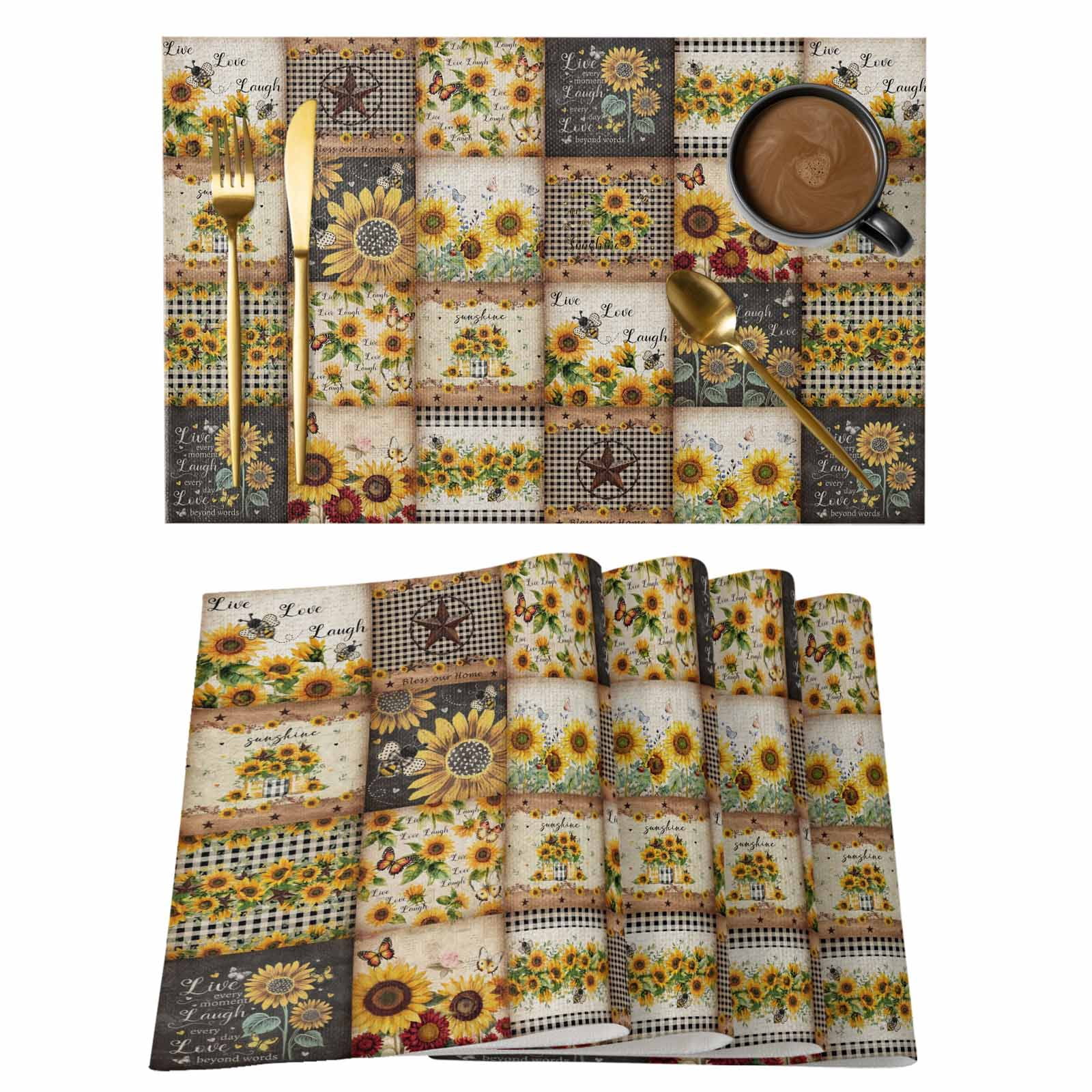 Sunflowers Placemats Set of 4, Farmhouse Vintage Western Texas Star Plaid Placemats for Dining Table, Place Mats for Kitchen Tabletop, Waterproof Wipeable Dining Table Mats Set