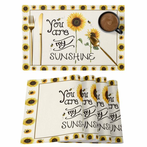 Sunflowers Placemats Set of 4, Modern Bee You Are My Sunshine Beige Placemats for Dining Table, Place Mats for Kitchen Tabletop, Waterproof Wipeable Dining Table Mats Set