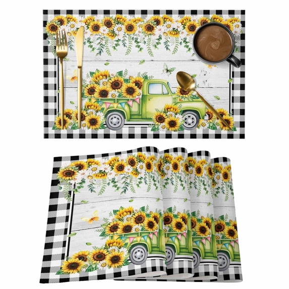 Sunflowers Placemats Set of 4, Spring Farmhouse Country Truck Leaf Wood Grain Placemats for Dining Table, Place Mats for Kitchen Tabletop, Waterproof Wipeable Dining Table Mats Set