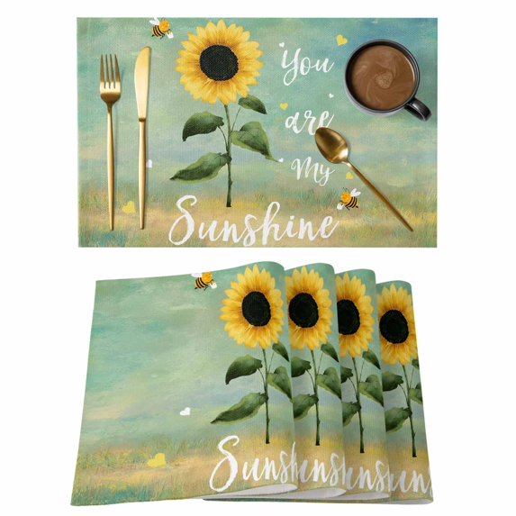 Sunflowers Placemats Set of 6, Botanical Ombre Flowers You Are My Sunshine Placemats for Dining Table, Place Mats for Kitchen Tabletop, Waterproof Wipeable Dining Table Mats Set