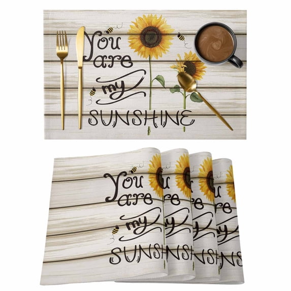 Sunflowers Placemats Set of 6, Modern Bee You Are My Sunshine Wooden Grain Placemats for Dining Table, Place Mats for Kitchen Tabletop, Waterproof Wipeable Dining Table Mats Set