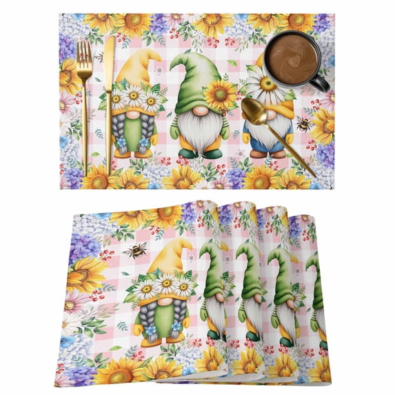 Sunflowers Placemats Set of 6, Spring Gnomes Hydrangea Daisy Flowers Pink Plaid Placemats for Dining Table, Place Mats for Kitchen Tabletop, Waterproof Wipeable Dining Table Mats Set