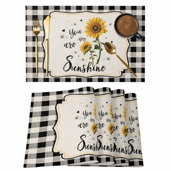 Sunflowers Placemats Set of 6, Yellow Floral Botanical Black White Checkered Rustic Placemats for Dining Table, Place Mats for Kitchen Tabletop, Waterproof Wipeable Dining Table Mats Set