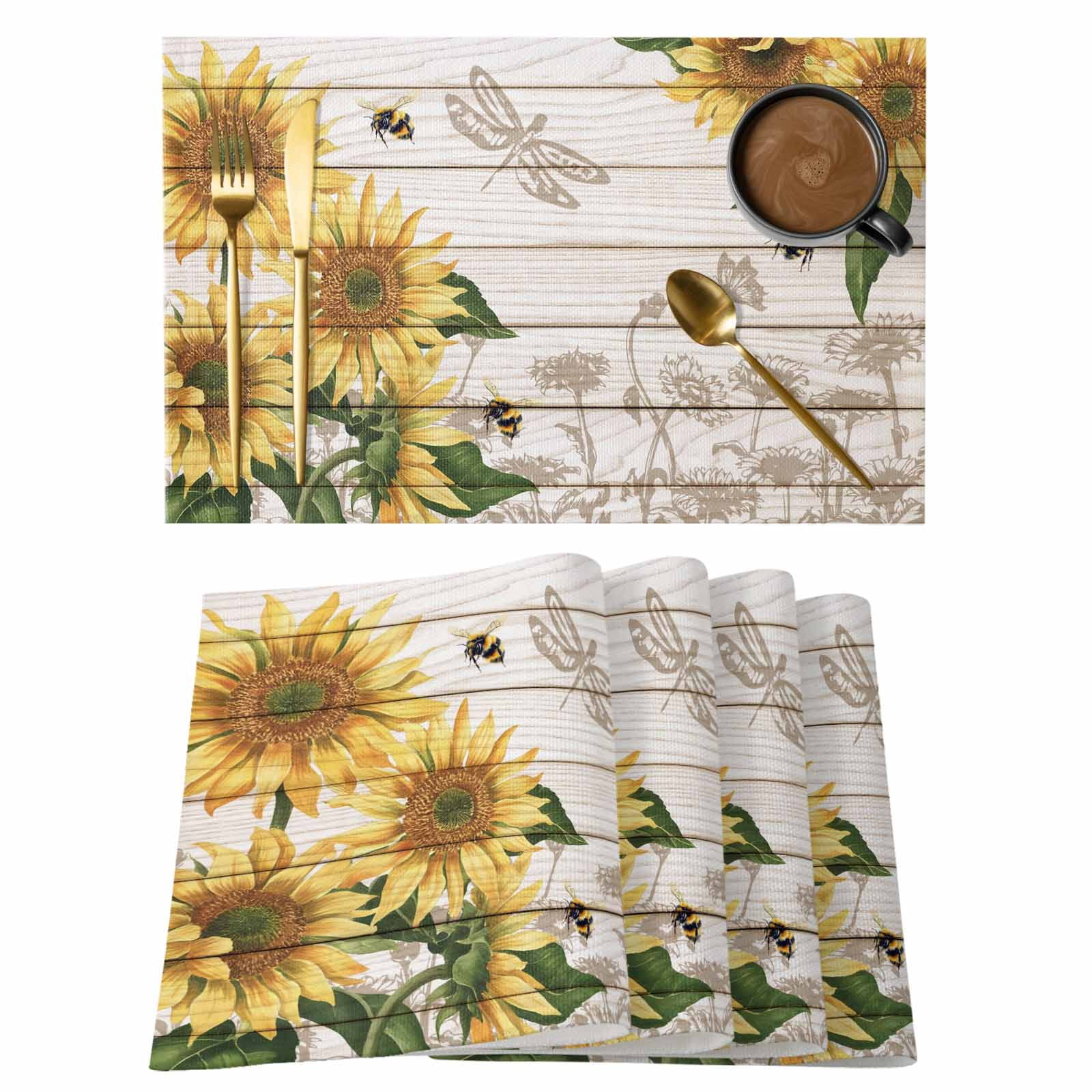 Sunflowers Placemats Set of 8, Farmhouse Botanical Flowers Bees Wooden ...