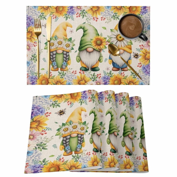 Sunflowers Placemats Set of 8, Spring Gnomes Hydrangea Daisy Botanical Beige Placemats for Dining Table, Place Mats for Kitchen Tabletop, Waterproof Wipeable Dining Table Mats Set