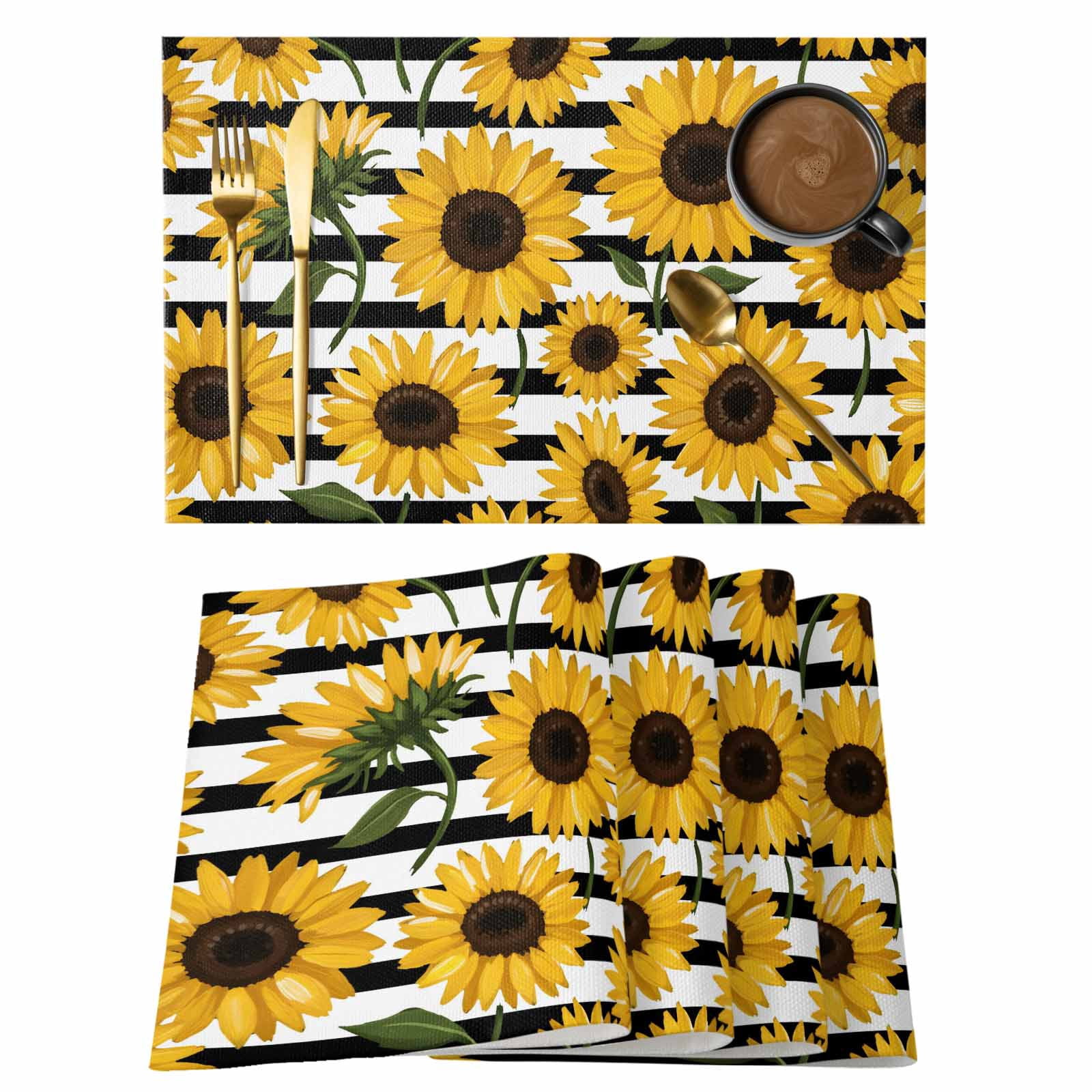 Sunflowers Placemats Set of 8, Summer Vintage Country Floral Black ...
