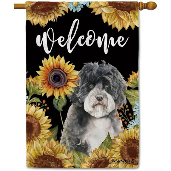Sunflowers Portuguese Water House Flag Watercolor Dog Floral Spring Summer Decor Flag for Outdoor Yard Double Side 28X40 Inch