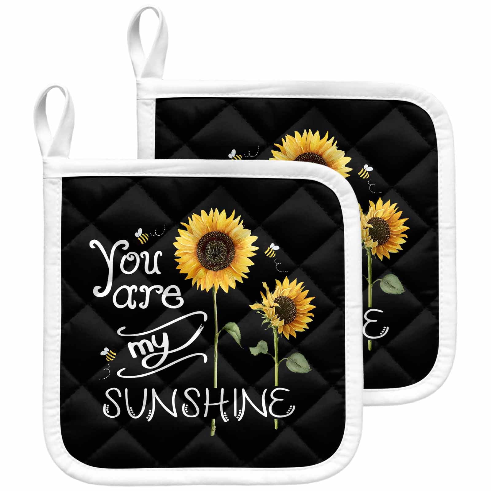 Sunflowers Pot Holders for Kitchen Heatproof Potholder, 2 Pack Modern Bee You Are My Sunshine Black Hot Pads Multipurpose Oven Pads Cloth Potholders Trivet for Cooking and Baking