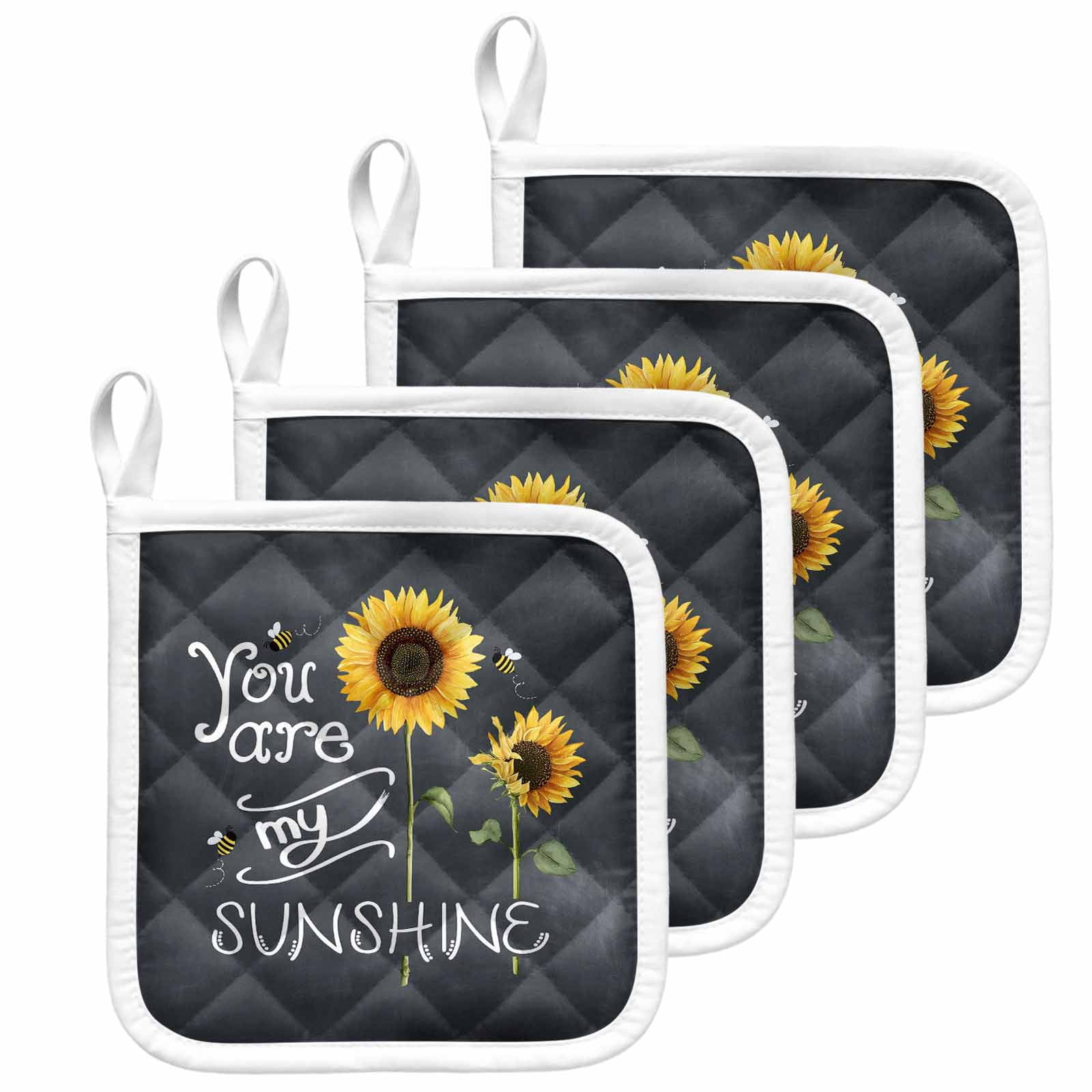 Sunflowers Pot Holders for Kitchen Heatproof Potholder, 4 Pack Classic Bee You Are My Sunshine Black Hot Pads Multipurpose Oven Pads Cloth Potholders Trivet for Cooking and Baking