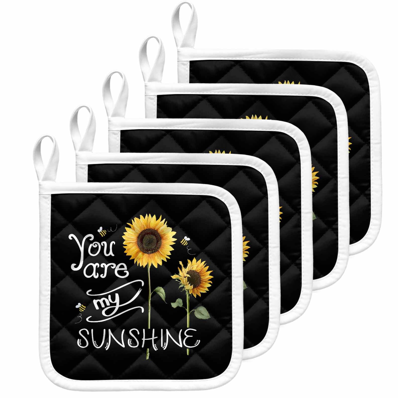 Sunflowers Pot Holders for Kitchen Heatproof Potholder, 5 Pack Modern Bee You Are My Sunshine Black Hot Pads Multipurpose Oven Pads Cloth Potholders Trivet for Cooking Baking