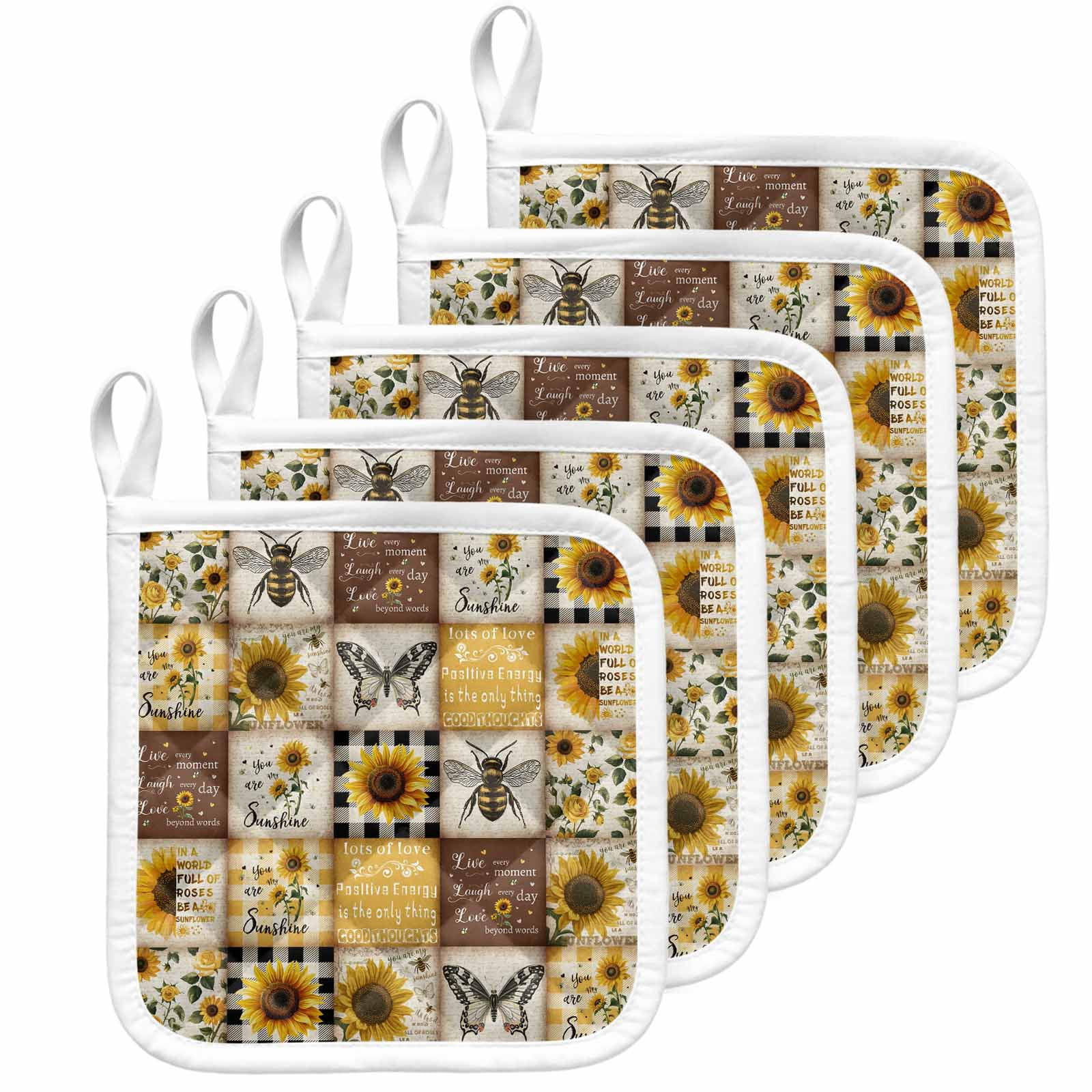 Sunflowers Pot Holders for Kitchen Heatproof Potholder, 5 Pack Retro Country Butterfly Bee Floral Plaid Hot Pads Multipurpose Oven Pads Cloth Potholders Trivet for Cooking Baking