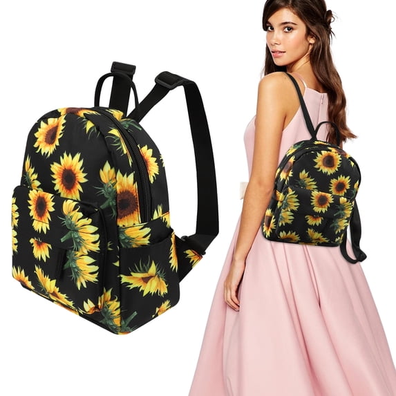Sunflowers Printing Mini Backpack,Small Backpack Purse For Women,Rope Crossbody Shoulder Bag (Black Sunflower)