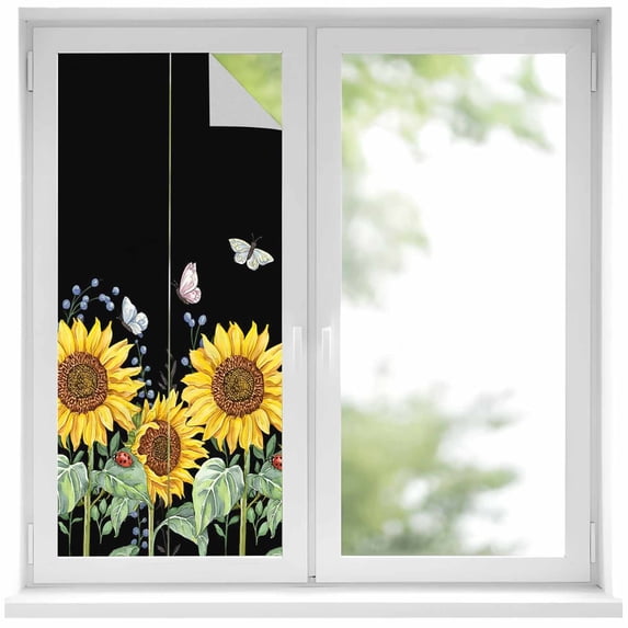 Sunflowers Privacy Window Film, Decorative Frosted Glass Window Film, Botanical Watercolor Butterfly Plant Reusable Peel and Stick Static Cling for Home Bathroom Office Glass Door 17.7"x39.3"