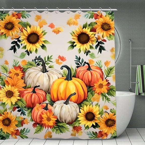 Sunflowers Pumpkins Autumn Print Shower Curtain,Modern Fabric Waterproof Shower Curtain Set with Hooks,70.8×70.8Inch