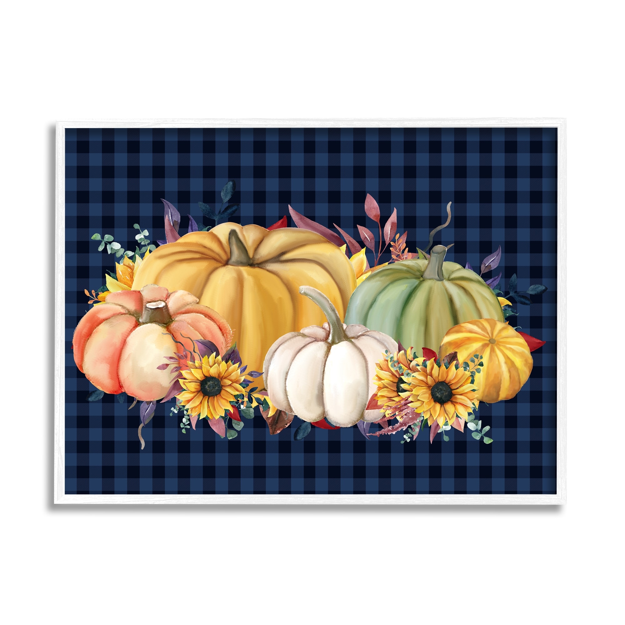 Sunflowers & Pumpkins Botanical Arrangement Blue Tartan Pattern Botanical & Floral Graphic Art Framed Art Print Wall Art