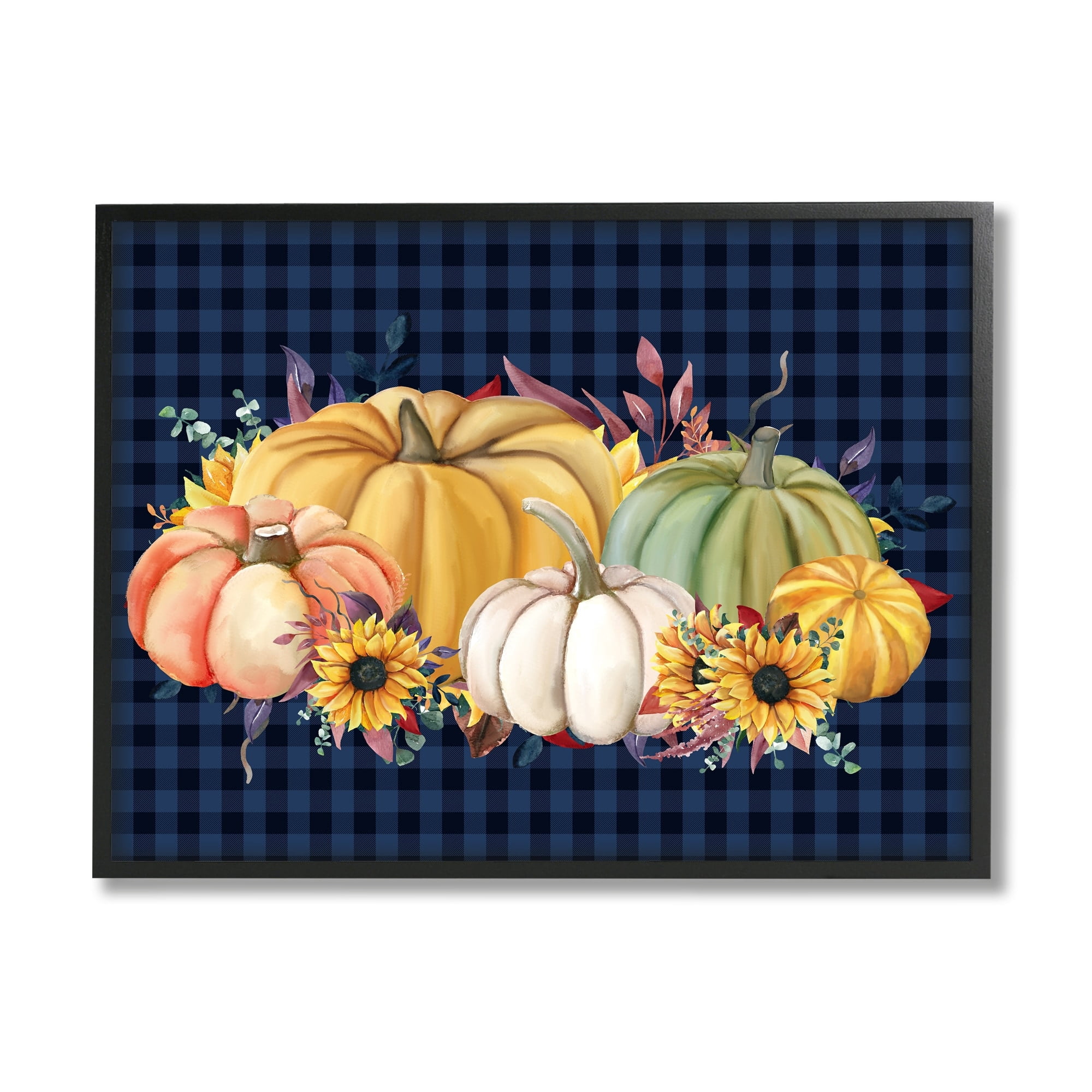 Sunflowers & Pumpkins Botanical Arrangement Blue Tartan Pattern Botanical & Floral Graphic Art Framed Art Print Wall Art