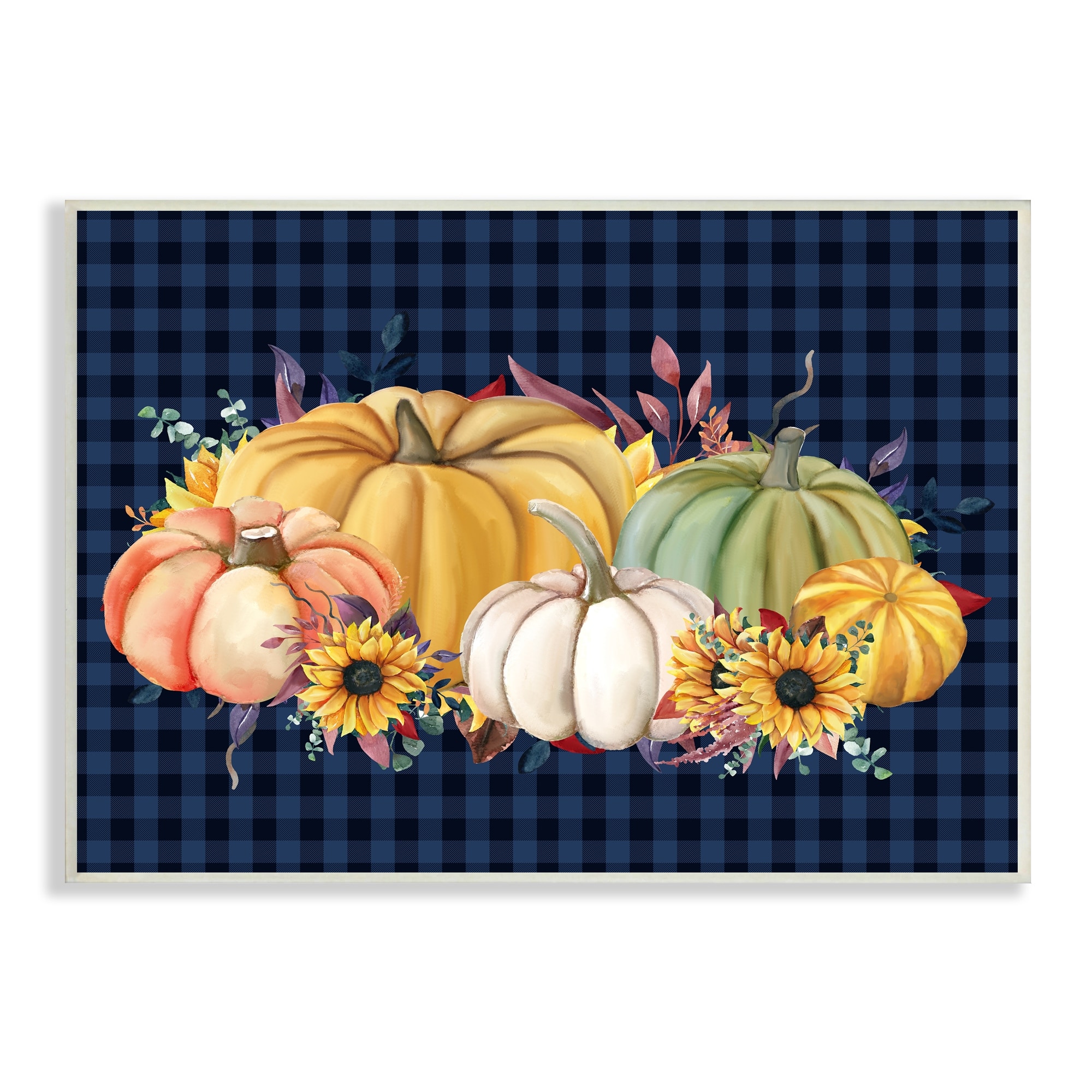 Sunflowers & Pumpkins Botanical Arrangement Blue Tartan Pattern Botanical & Floral Graphic Art Unframed Art Print Wall Art