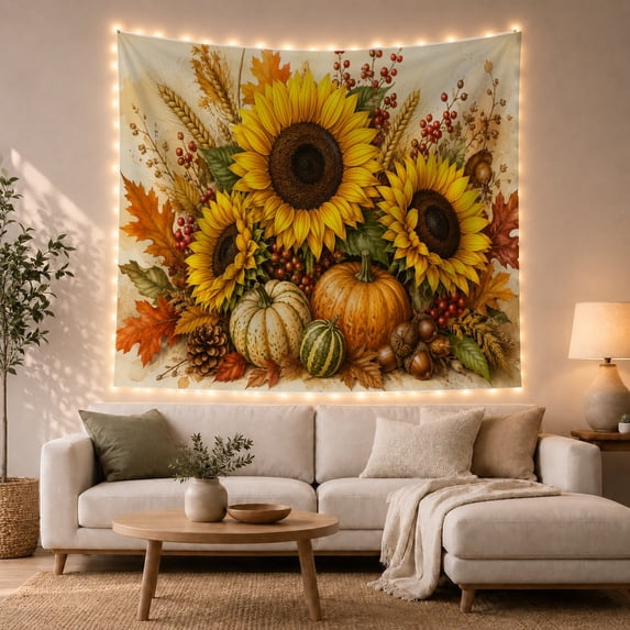 Sunflowers and Pumpkins Against a Parchment Background, Cozy Vintage for Nature Lovers, Autumn Harvest Wall Decor, Housewarming Gift Tapestry Wall Hanging for Living Room and Bedroom