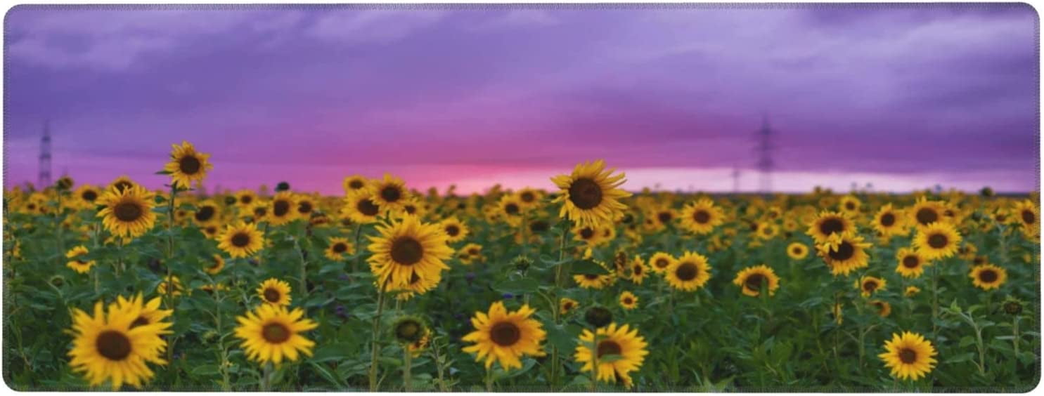 Sunflowers Under The Purple Sky Large Mouse Pads Rectangle Long Extended Big Stitched Edge Gaming Mousepad with Non-Slip Rubber Base for Desktop Laptop Keyboard 31.5 X 11.8 Inch