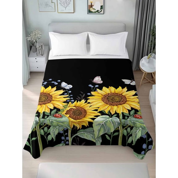 Sunflowers Queen Size Flat Sheet, Wrinkleproof & Fadeproof Cooling Flat Bed Sheet Only, Botanical Watercolor Butterfly Plant Breathable Soft Bedding Top Sheets 90 x 102 Inches