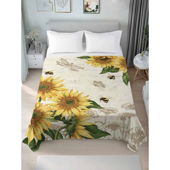 Sunflowers Queen Size Flat Sheet, Wrinkleproof & Fadeproof Cooling Flat Bed Sheet Only, Farmhouse Retro Butterfly Beige Yellow Breathable Soft Bedding Top Sheets 90 x 102 Inches