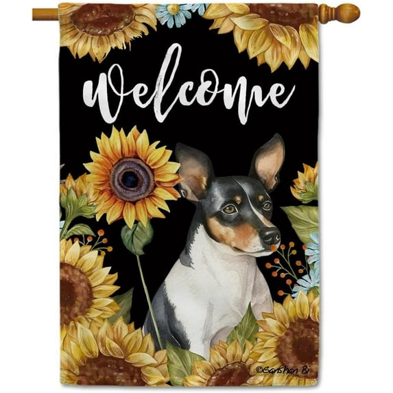 Sunflowers Rat Terrier House Flag Watercolor Dog Floral Spring Summer Decor Flag for Outdoor Yard Double Side 28X40 Inch