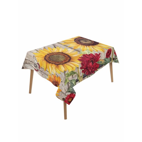 Sunflowers Rectangle Tablecloth, Retro Flower Barn Doors Butterfly Farmhouse Brown Waterproof & StainResistant Tablecloth, Washable Oil-proof Table Cover for Dining/Party/Wedding/Buffet 52x70 In