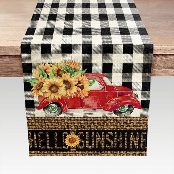 Sunflowers Red Truck Table Runners, Buffalo Plaid Hello Sunshine Spring Summer Seasonal Kitch Dining Table Runner, Black White Plaid Floral Holiday Party Home Decoration13X36 IN