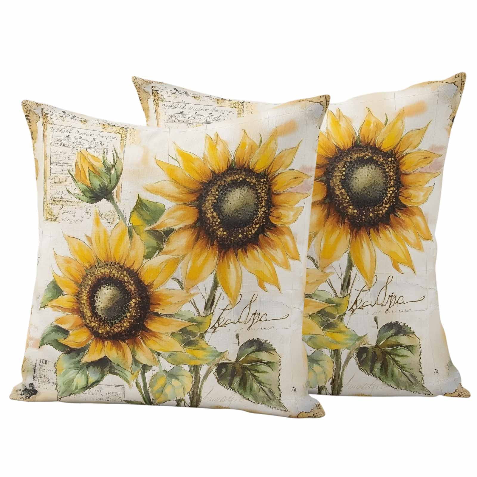 Sunflowers Retro Outdoor Waterproof Pillow Covers, Spring Summer Floral Botanical Decorative Square Throw Pillowcase Sofa Cushion Sham for Patio/Couch/Chair, 20"x20" 2 Pack