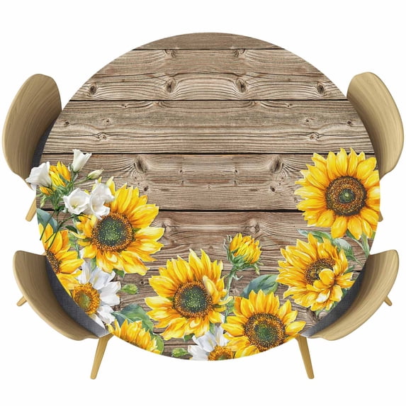 Sunflowers Retro Round Tablecloth 55-60 Inch Round Fitted Table Cloth with Elastic Edge, Pastoral Floral Wooden Planks Farmhouse Waterproof Table Cover Protector for Outdoor Picnic Party Dining
