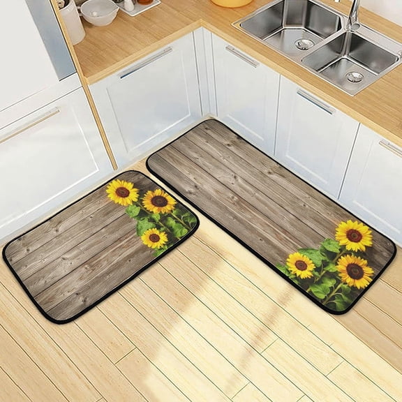 Sunflowers Retro Spring Kitchen Mat Rugs Set of 2 Vintage Flowers Wooden Comfort Floor Runner Anti Fatigue Non Slid Cushioned Kitchen Carpet Rug for Living Room Laundry Hallway Home Decor