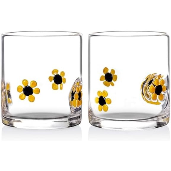 Sunflowers Rocks Glasses Set of 2, 14 Oz Mexican Old Fashioned Whiskey Glass with Heavy Base, Cute Cocktail Drinking Glasses Dishwasher Safe Unique Water Cup Mixed Glassware