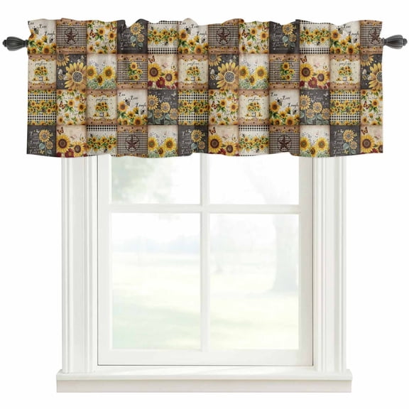 Sunflowers Rod Pocket Curtain Valance, Farmhouse Vintage Western Texas Star Plaid Farmhouse Window Valance for Living Room, Bedroom, Kitchen 42"W x 12"L