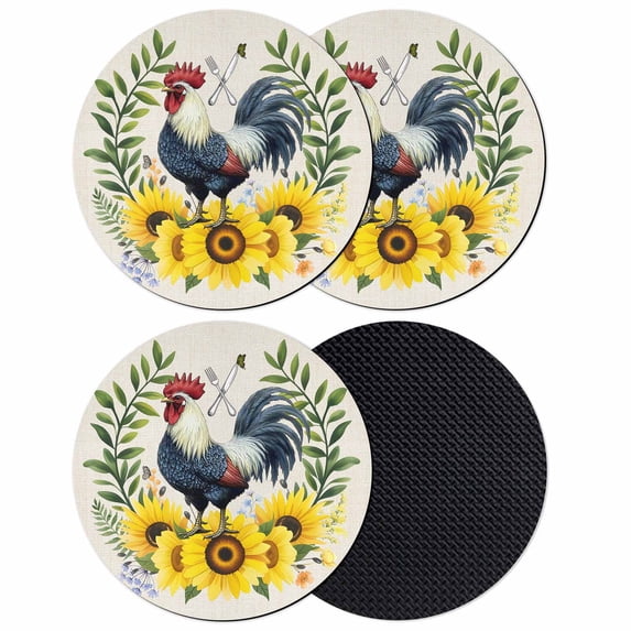 Sunflowers Rooster Coasters Set of 4, Absorbent Coasters for Drinks, Watercolor Leaves Retro Art Rustic Coaster for Desk Coffee Table Protection, Home Decor House Warming Gifts 4"