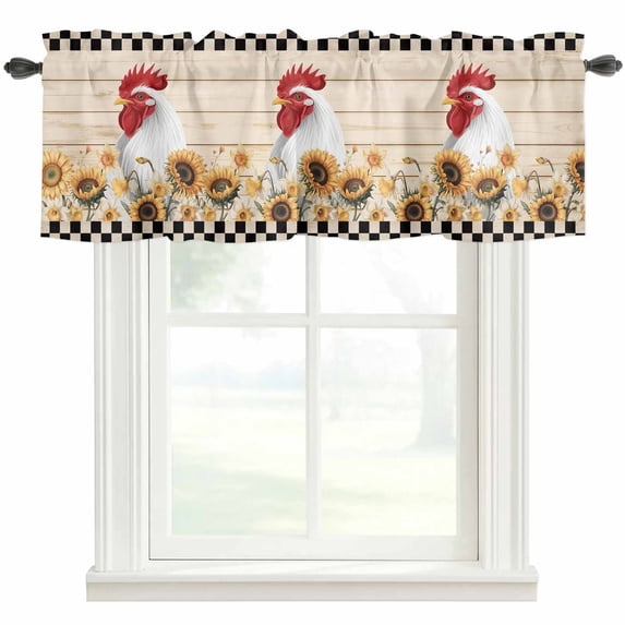 Sunflowers Rooster Farmhouse Short Window Curtain Valances, Farmhouse Vintage Beige Wooden Plaid Rod Pocket Kitchen Valances for Living Room Bedroom Bathroom Cafe 42" x 18"