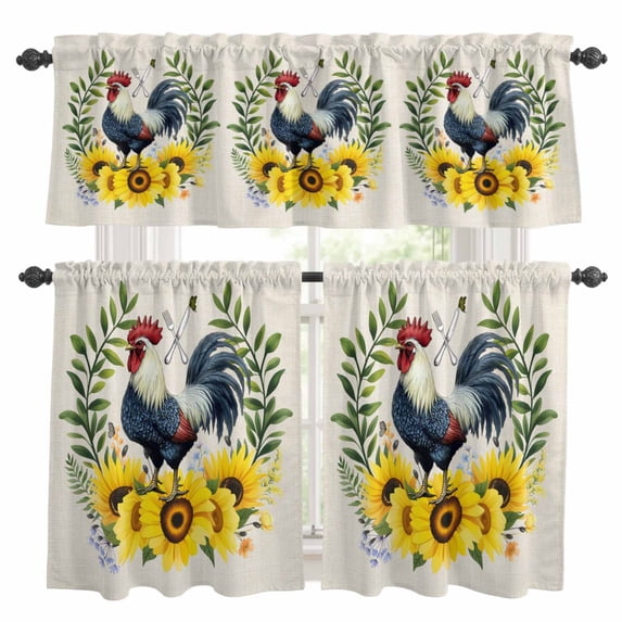 Sunflowers Rooster Kitchen Curtains Sets for Windows 36 Inch Length, Watercolor Leaves Retro Art Rustic Rod Pocket Window Treatments Tier Curtains and Valances Set for Bedroom/Bathroom