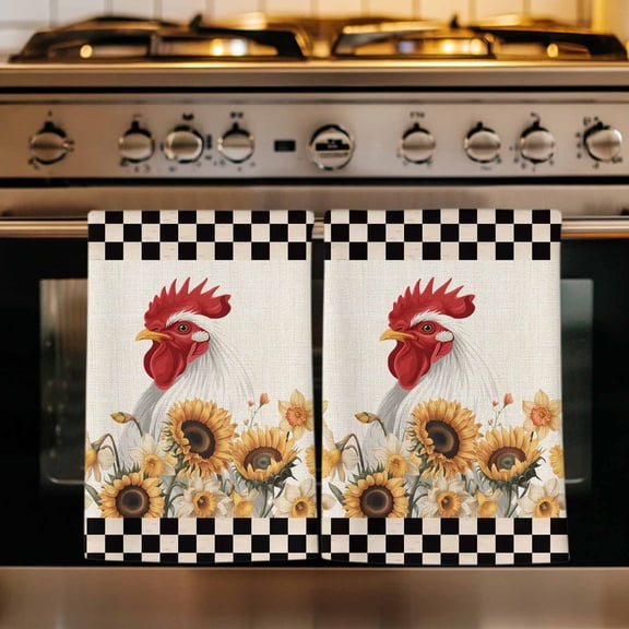 Sunflowers Rooster Kitchen Towels Set of 1, Farmhouse Vintage Beige Burlap Plaid Absorbent Dish Towels for Kitchen, Microfiber Hand Towel, Quick Drying Tea Towel for Cleaning Decorative Dishcloths