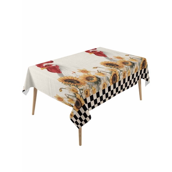 Sunflowers Rooster Rectangle Tablecloth, Farmhouse Vintage Beige Burlap Plaid Waterproof & StainResistant Tablecloth, Washable Oil-proof Table Cover for Dining/Party/Wedding/Camping/Buffet 54x108 In