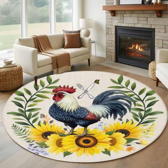 Sunflowers Rooster Round Area Rug 7Ft Washable Circle Rugs for Dorm Laundry Room, Watercolor Leaves Retro Art Rustic Non-Slip Carpet Floor Mats Indoor Outdoor Carpet Runner Aesthetic Home Decor