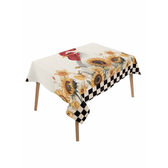 Sunflowers Rooster Table Cloth, Waterproof Tablecloth for Rectangle Tables, Farmhouse Vintage Beige Burlap Plaid Reusable Washable Fabric Table Cover for Restaurant Kitchen Dining Tables 52"x70"